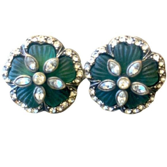 Vintage Button Earrings with Floral Motif & Crystals in Art Deco Victorian Style - Picture 1 of 8